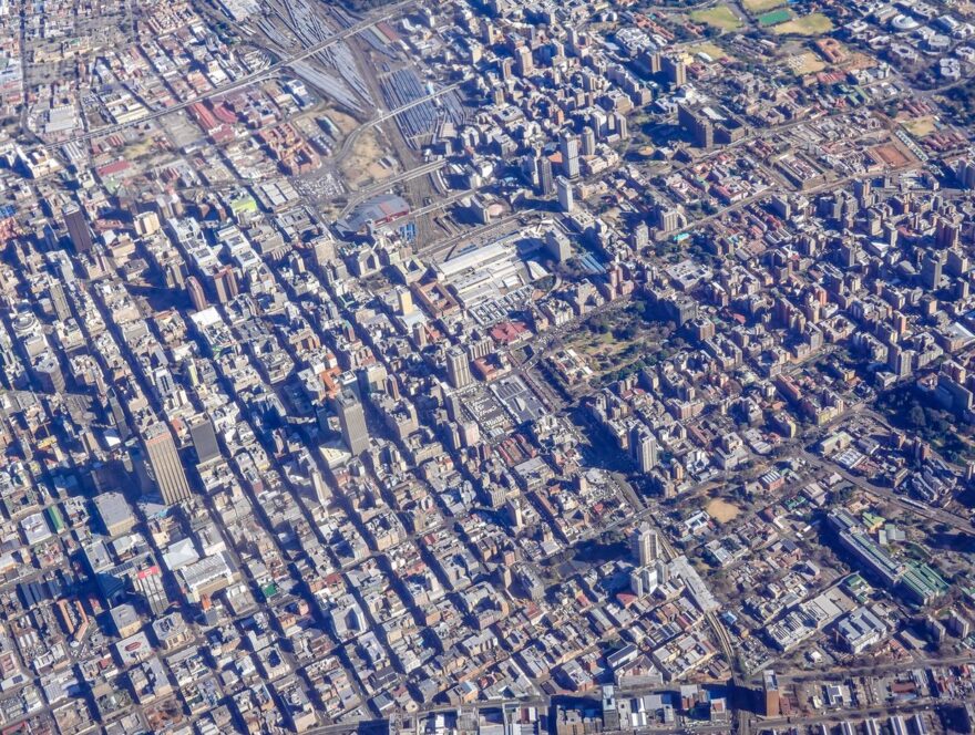 Urban buildings and road network in Johannesburg, South Africa — illustrative stock photograph